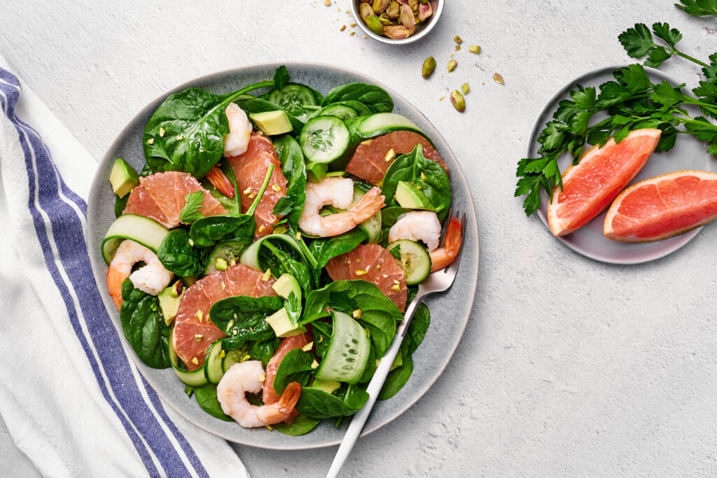 Spinach, Florida Grapefruit & Avocado Salad With Grilled Shrimp